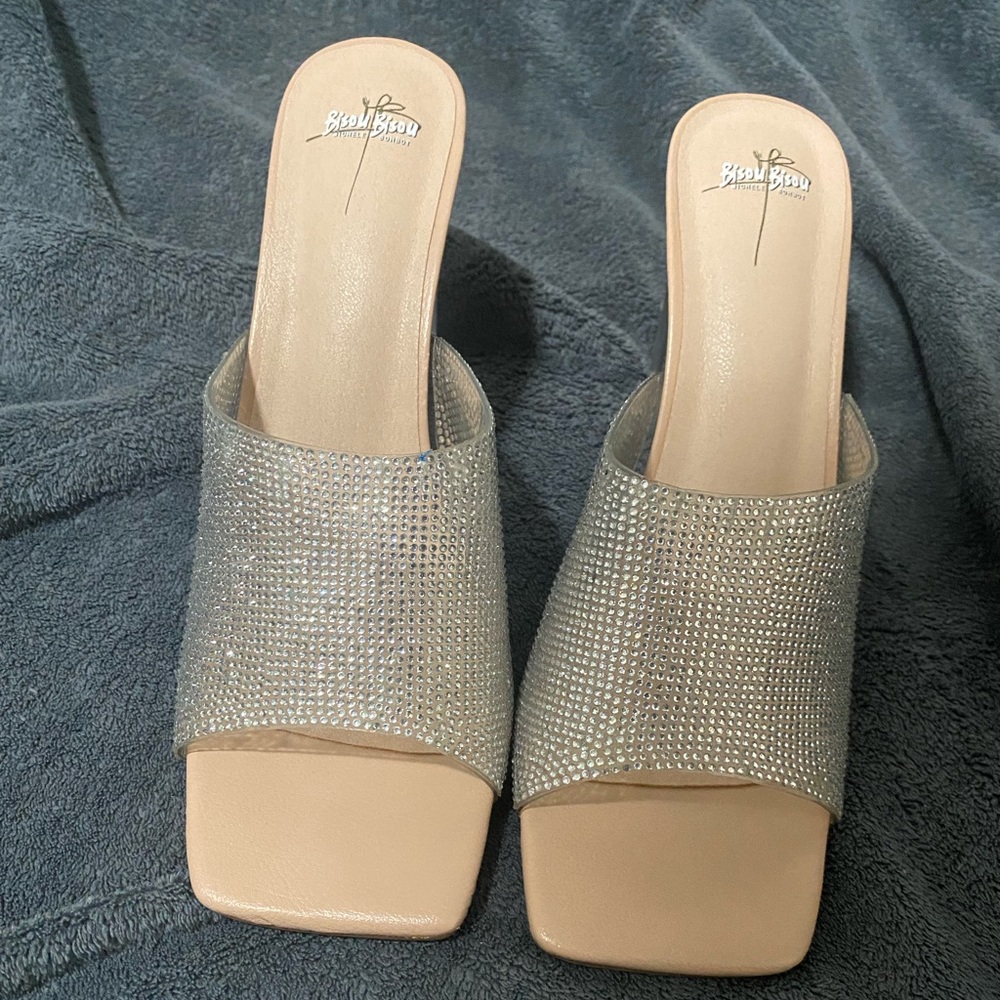 Silver Rhinestone clear high heels square toed shoes size 11
